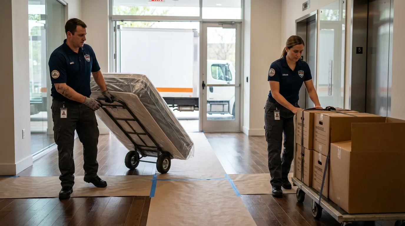 Professional apartment movers loading elevator in Jamestown, KY